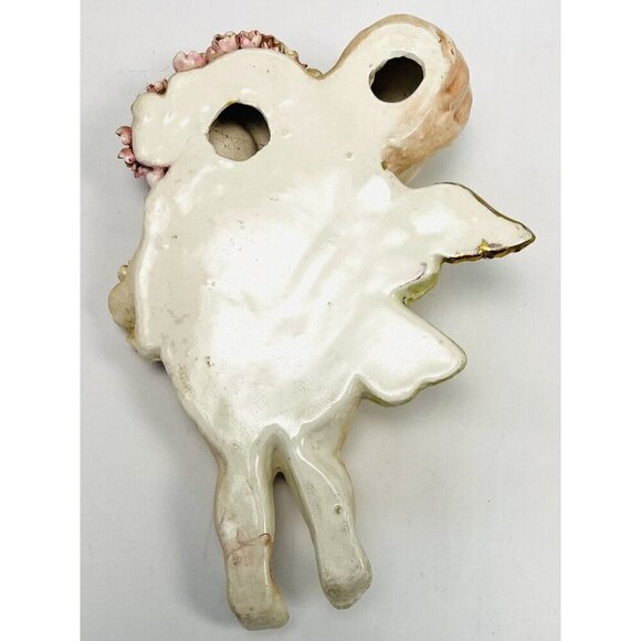 Antique 7.5" Porcelain Wall-Mount Hand Painted Gilt ANGEL Cherub w/ Flowers EUC - Picture 3 of 3